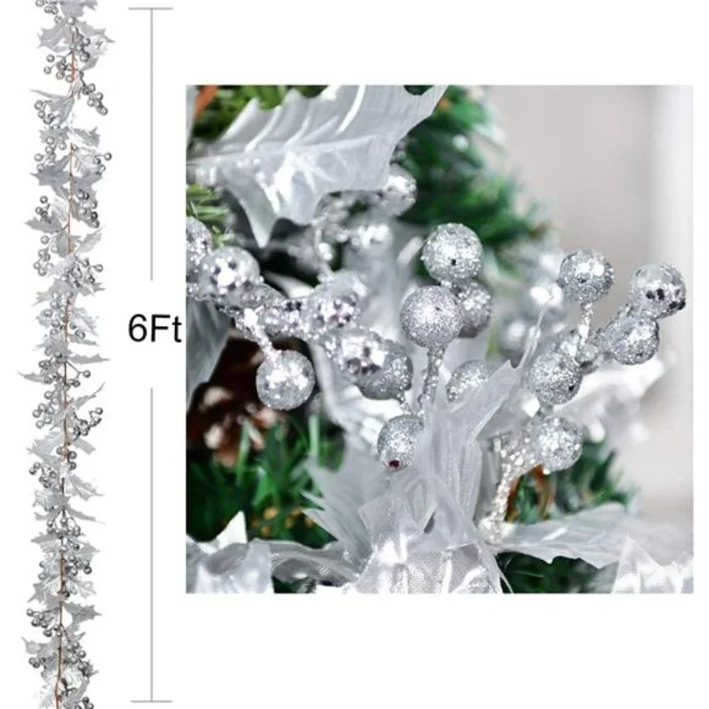 6FT Silver Berry Christmas Garland, Flexible Artificial Garland for Decoration